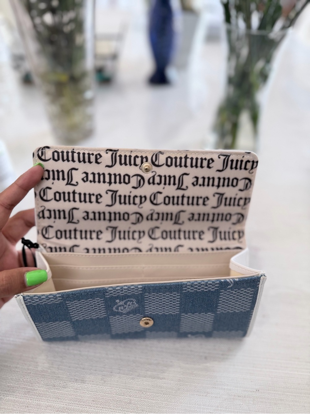 Juicy Couture Blue Denim Check Clutch Wallet with White Trim - Picture 6 of 8
